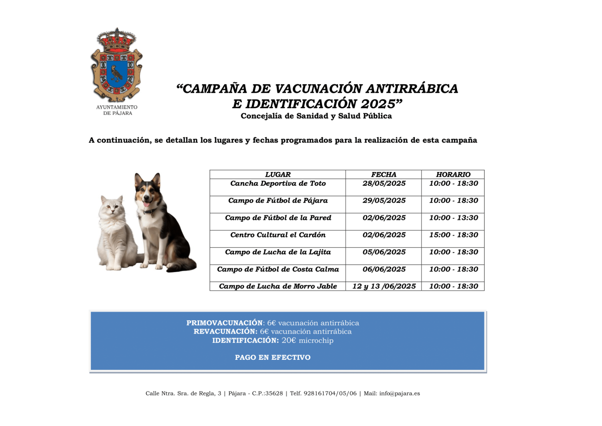 Pájara lanza su campaña anual de vacunación antirrábica e identificación de mascotas