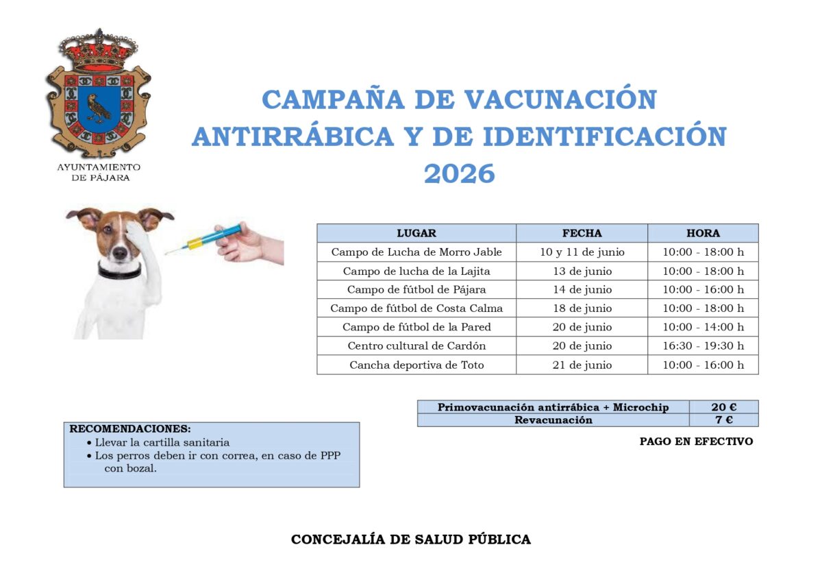 El Ayuntamiento de Pájara inicia la campaña anual de vacunación antirrábica e identificación de mascotas